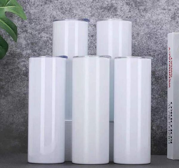 

diy 20oz sublimation straight skinny tumbler mug with metal straw rubber bottom stainless steel tumblers coffee cups white blanks vacuum wat
