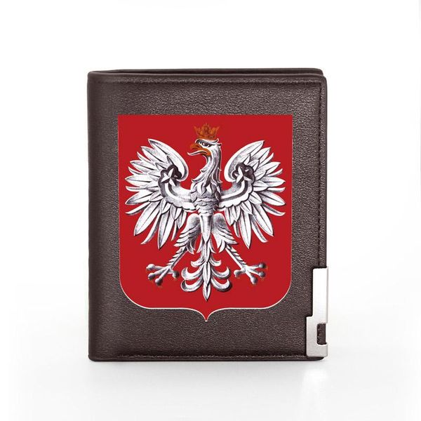 

fashion poland emblem printing leather wallet men women bifold holder short purse male wallets, Red;black