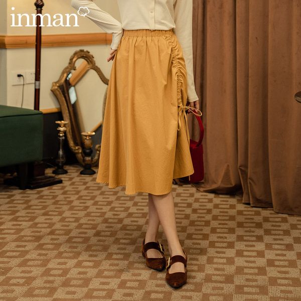 

skirt autumn winter sweet drawstring pleated cotton elastic waist over the knee skirt wp8a, Black