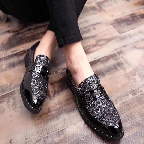 

dress shoes flats leather casual men 2021 pointed toe loafers oxford wedding party male glitter formal footwear, Black