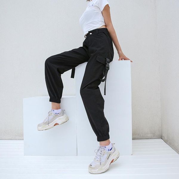 

women's pants & capris high waist cargo women pockets patchwork loose streetwear pencil 2021 fashion hip hop trousers, Black;white