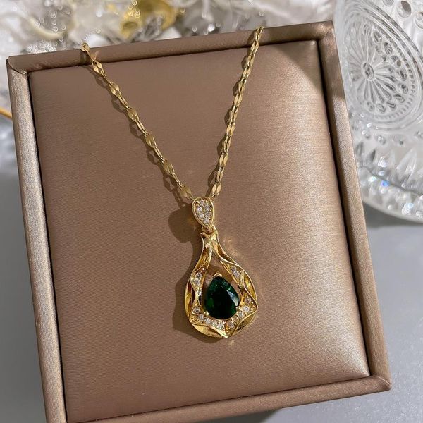 

pendant necklaces lovelink gold color french simple green water drop clavicle chain necklace women classic temperament wedding party gift, Silver