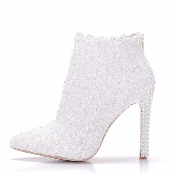 

boots leather women high heel ankle pointed toe pearl lace wedding shoes spring autumn white short 40 41, Black