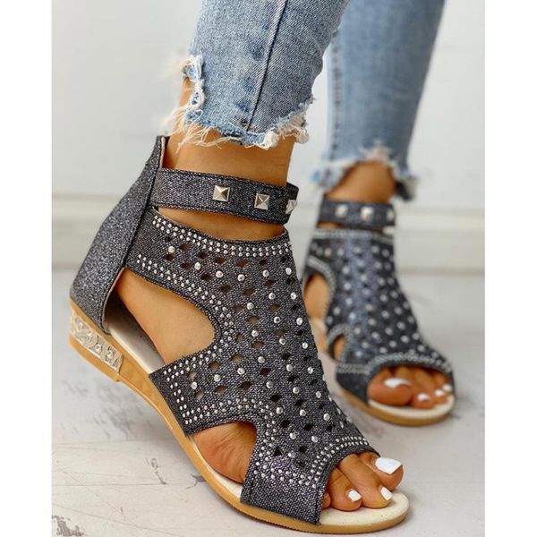 

sandals lapolaka wedges cover heel open zip solid crystal hollow with buckle summer comfortable woman shoes big size 36-43, Black
