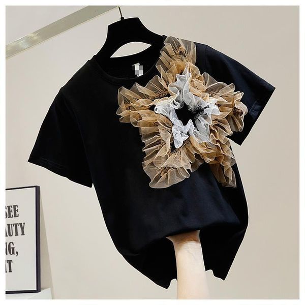 

women's t-shirt o-neck t shirt women mesh collage 3d five-pointed star woman clothes 2021 summer plus size cotton tshirt femme, White