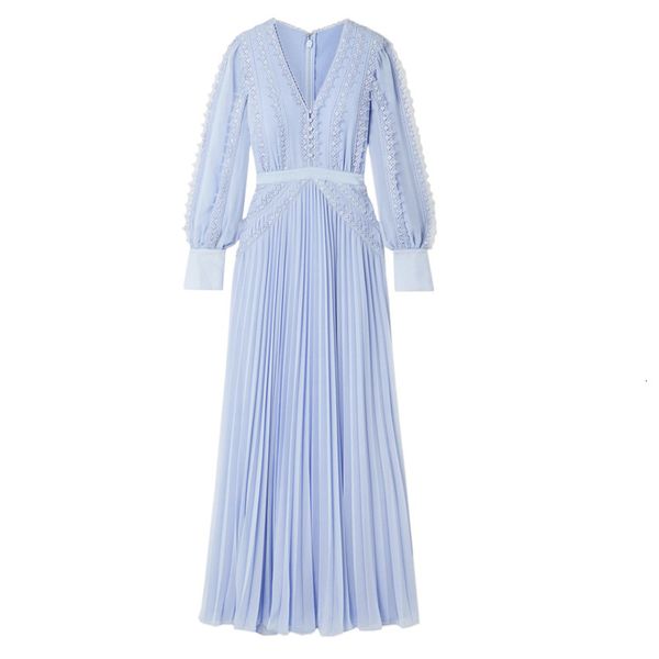 

dress 2021 blue long v-neck lace chiffon pleated 3lu2, Black;gray