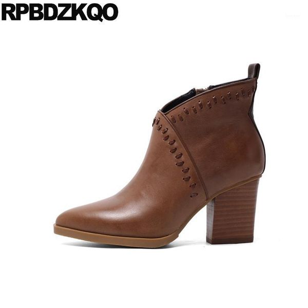 

boots autumn block chunky booties high heel winter pointed toe vintage brown shoes women short genuine leather faux fur1, Black