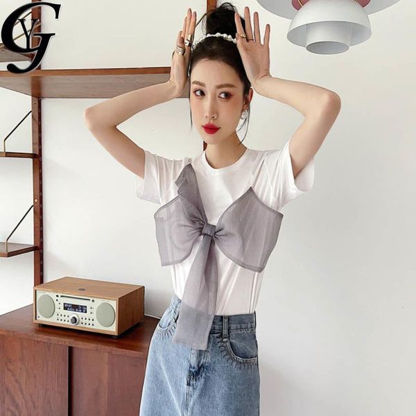 

women's blouses & shirts harajuku ulzzang mesh bow patchwork white women tshirt vintage o-neck short sleeve summer blouse femme korean