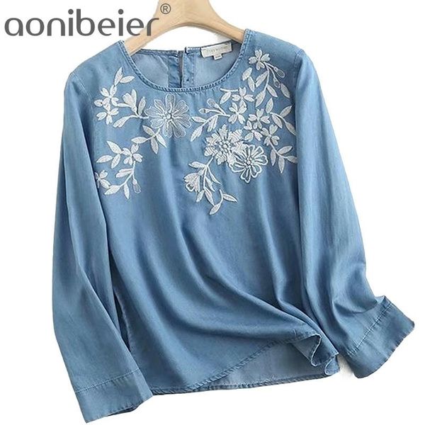 

spring embroidery denim shirt women long sleeve blouse cotton soft jeans blue casual loose floral 210604, White
