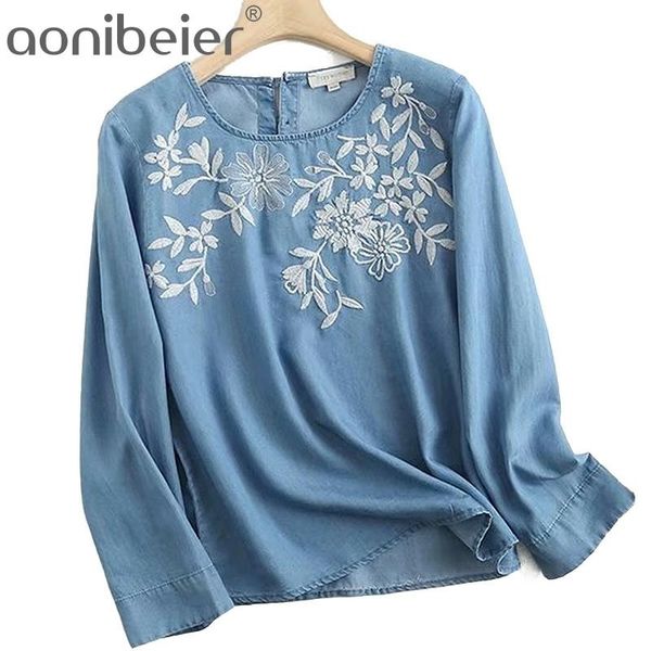 Primavera Bordado Denim Camisa Mulheres Manga Longa Blusa Algodão Calças De Jeans Azul Azul Solto Floral Tops 210604