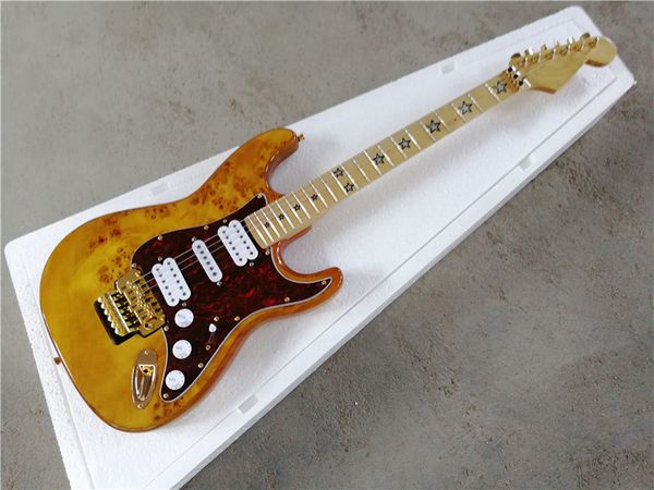 Guitarra elétrica de folheado de plátano com pickguard de pérola vermelha, fingerboard e estrela inlay, hardware de ouro, fornecer serviços personalizados