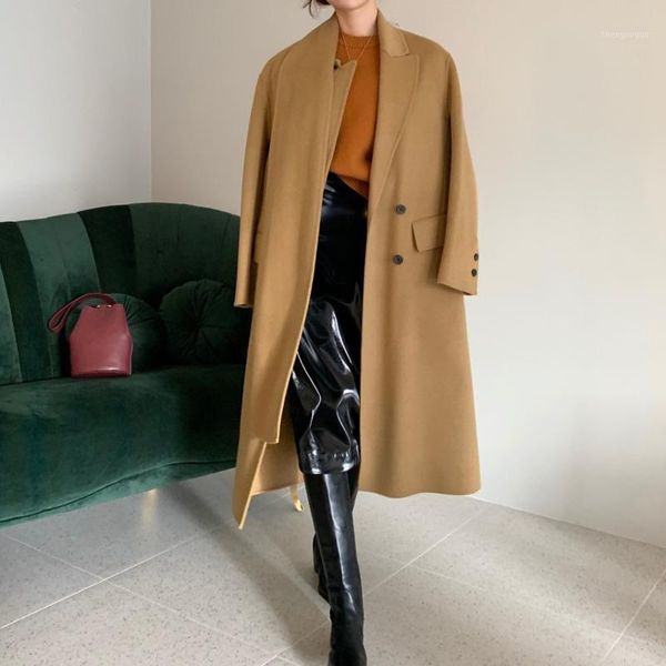 

women's wool & blends [ewq]2021 winter over knee style turn-down collar long-sleeved solid color straight minimalist woolen overcoat wi, Black