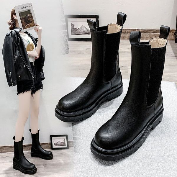 

autumn and winter leather pipe boots children's thick soled short knight's chelsy martin women's sho, Black
