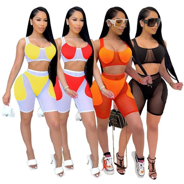 

women's tracksuits casual two piece set color patchwork crop tank + short pants streetwear sportsuit summer clothes for women outfit, Gray