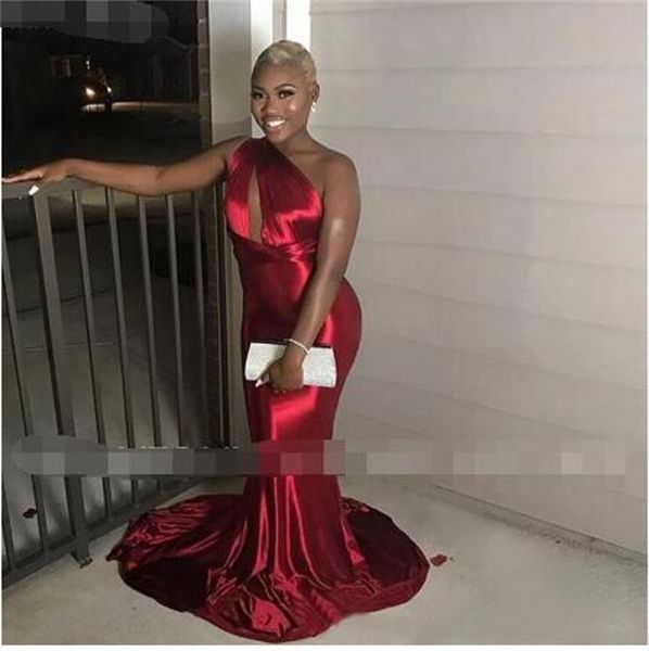 

one shoulder burgundy prom dresses 2021 shiny satin mermaid black women formal party evening gowns plus size