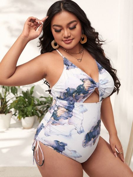 

plus marble print drawstring side one piece swimsuit z7nj#, Black