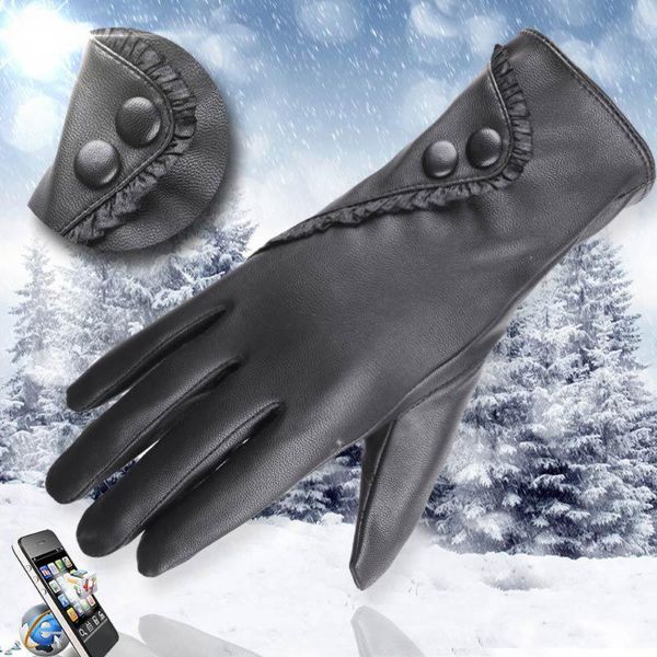 Five Fingers Luves Lady Lady Pu Leather Mulheres Mittas de Inverno Mitn para Mulher Guantés Mujer Estilo Europeu Femme Black