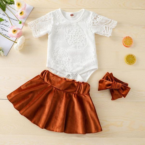 

jumpsuits 2021 baby girls casual outfits, hollow out floral lace short sleeve round neck romper + solid color skirt bowknot headband, Blue
