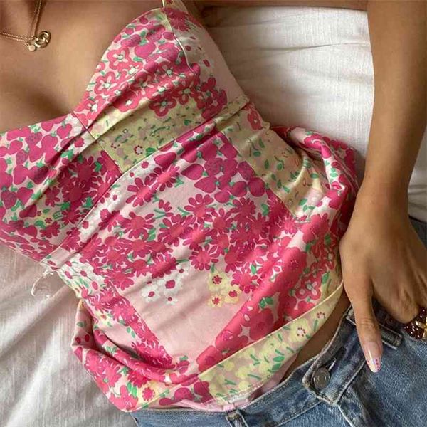 

floral printed y2k crop kawaii halter camis spaghetti strap v neck summer daisy chic party tee women shirt beachwear 210518, White