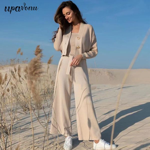 

women's two piece pants casual knitted sweater set fashion women long sleeve short cardigan jacket & vest wide leg 3-piece, White