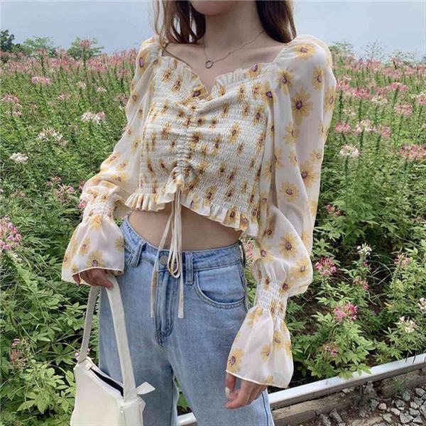 

floral print crop womens shirt summer ruffles puff sleeve chiffon blouses white fashion