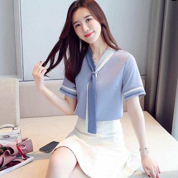 

women's t-shirt summer 2021 women clothing short sleeve chiffon t-shirts style lace v-neck plain shirts casual loose elegant ladies, White