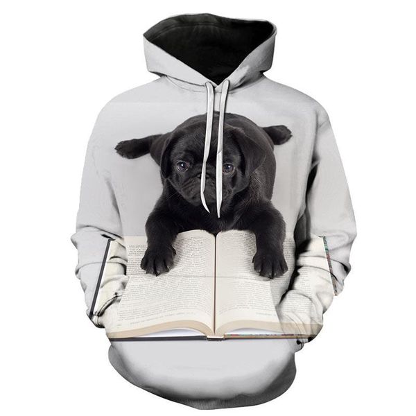 

men's hoodies & sweatshirts 2021 long sleeve sweater 3d pug animal dog cute printed hooded headband rope leisure comfortable sports aut, Black
