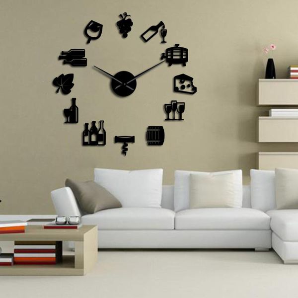 

wall clocks cheese and wine modern kitchen art stickers diy giant clock alcoholic drink pub bar sign cork screw decorative watch