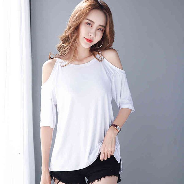 

women's t-shirt off shoulder korean loose t shirt short sleeve womens modal cotton tshirt women plus size summer female ladies to, White