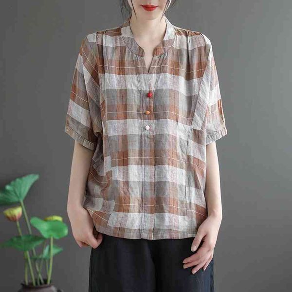 

johnature summer cotton linen retro plaid v-neck short sleeve 2 color all-match t-shirt simple comfortable women 210521, White