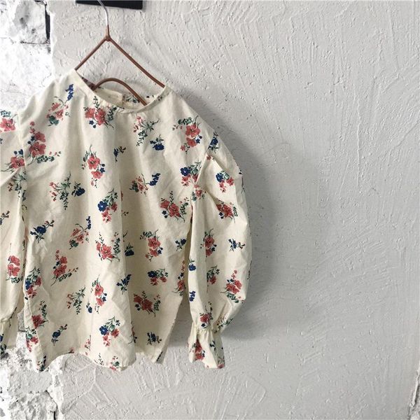 

shirts 2021 spring girls floral-print puff sleeve shirt pure cotton blouses, White;black