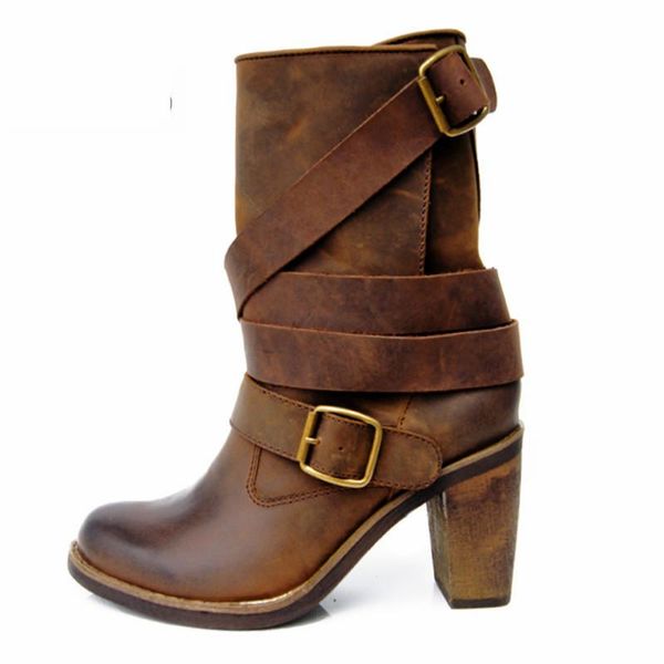 

boots retro brown women genuine leather mid-calf boot chunky high heel platform straps buckle decor riding botas, Black