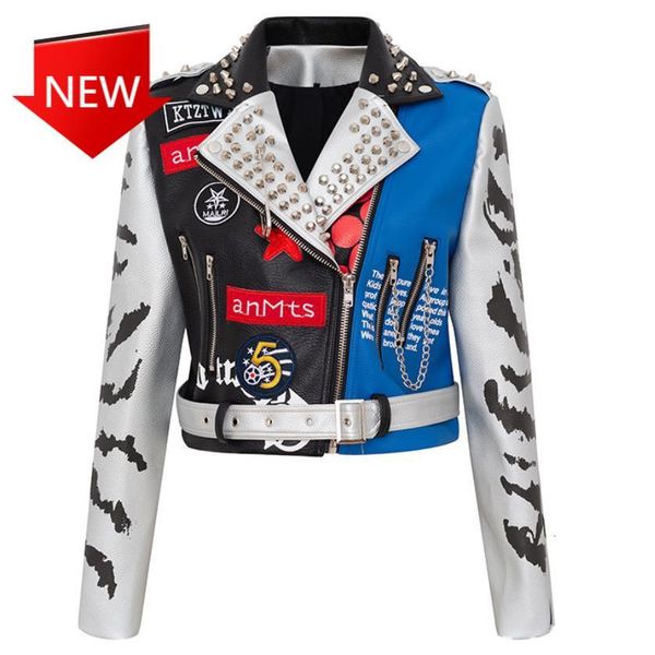 

mice graffiti bike outwear female rivet beads leather jacket of fashionable plutonium streetwear chains, Black