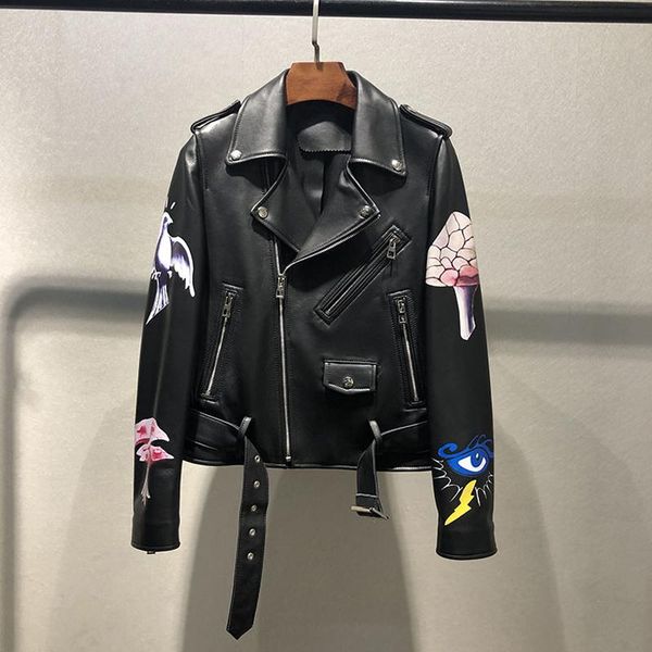 

women coat autumn and spring short length genuine leather turn-down collar 3d print mushroom pattern locomotive model + fg6671 women's, Black