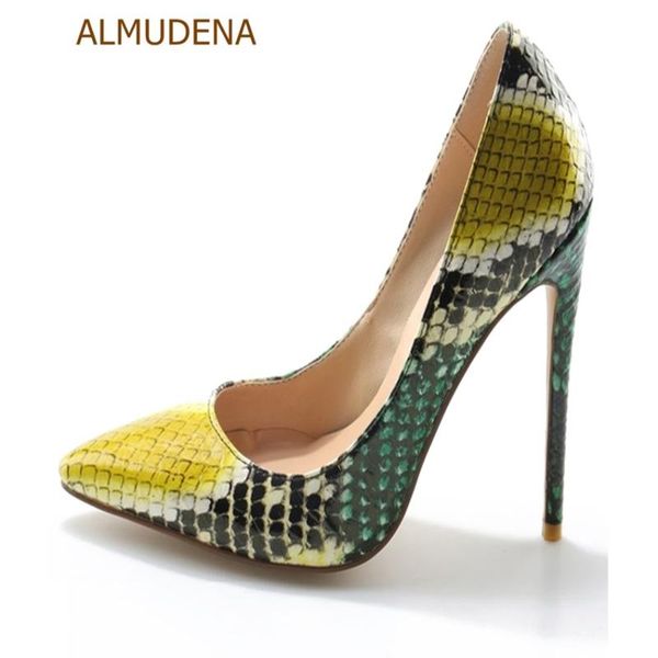 

women green/yellow patchwork snakeskin banquet shoes shallow pointed toe pumps python celebrity heels 12cm dress, Black