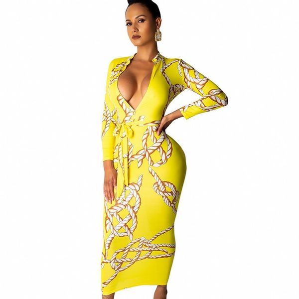 

dresses new big gold chain print deep v-neck party wrap bodycon women autumn long sleeve ladies casual office maxi dress, Black;gray