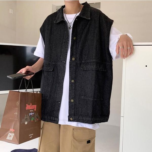 

men's vests denim vest summer tide korean loose fitting kamshouldere hong kong fashion casual coat, Black;white