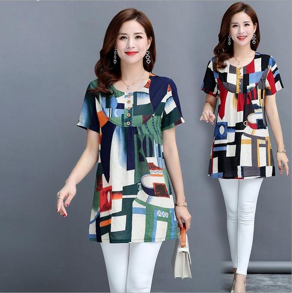 

cotton mother summer pullover womens t shirts middle age o neck printed short sleeve long tee casual plus size, White