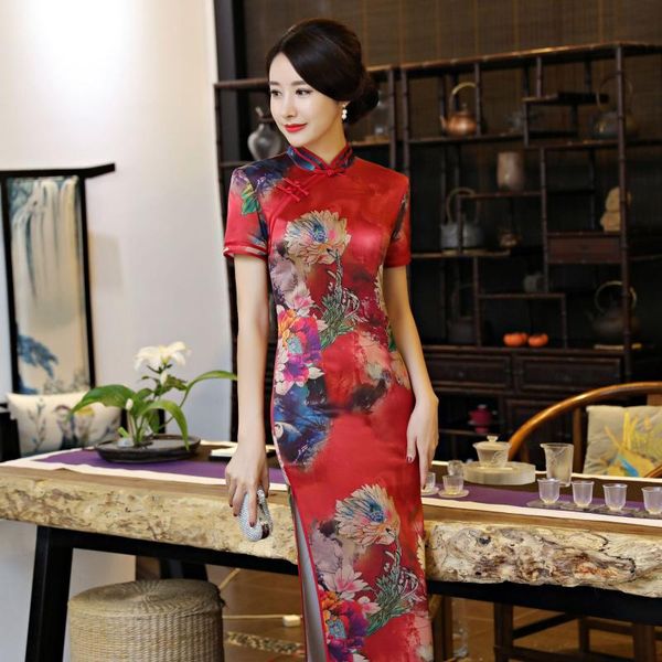 

ethnic clothing women vintage floral printed qipao classic mandarin collar chinese dress faux silk satin slim cheongsams oriental formal gow, Red