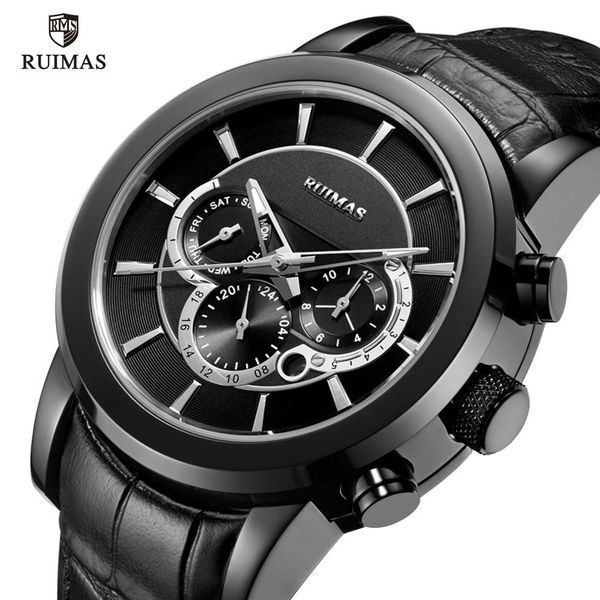 

ruimas men's leather chronograph watches waterproof quartz wristwatch man luxury brand sports watch relogios masculino 67671, Slivery;brown