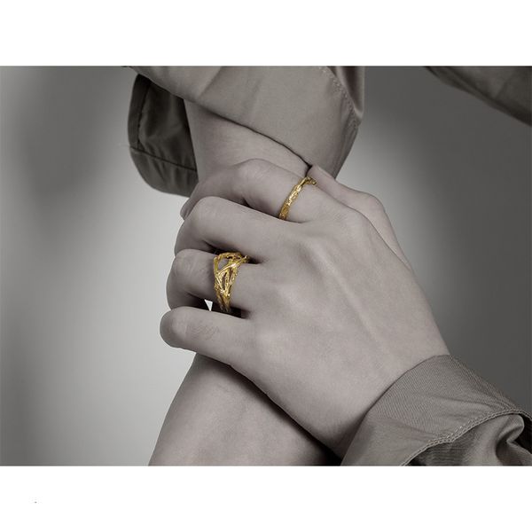 

high color retention brass vacuum plating 18k true gold dead tree branch pleat wrinkle simple cold wind opening ring female, Silver