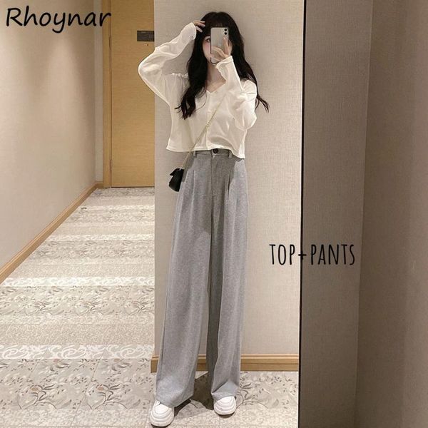 

women's two piece pants women sets v-neck full sleeve wide leg trousers solid spring autumn street wear leisure lady ulzzang tender 2 p, White