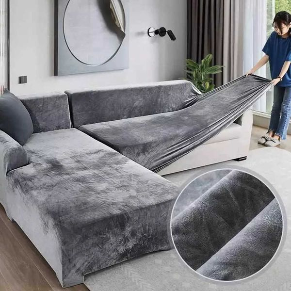 Veludo pelúcia l-shaped sala de estar sofá tampa elástico móveis cadeira chaise longupe canto typ 210723