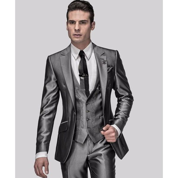 

slim fit groom tuxedos shiny grey man suit notch lapel groomsman men wedding suits bridegroom(jacket+pants+vest) men's & blazers, White;black