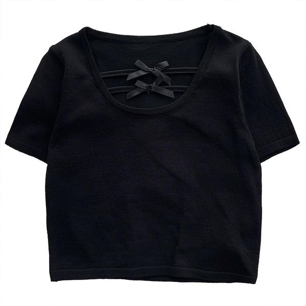 

women's t-shirt summer black white o-neck slim stretch short section knitted bow