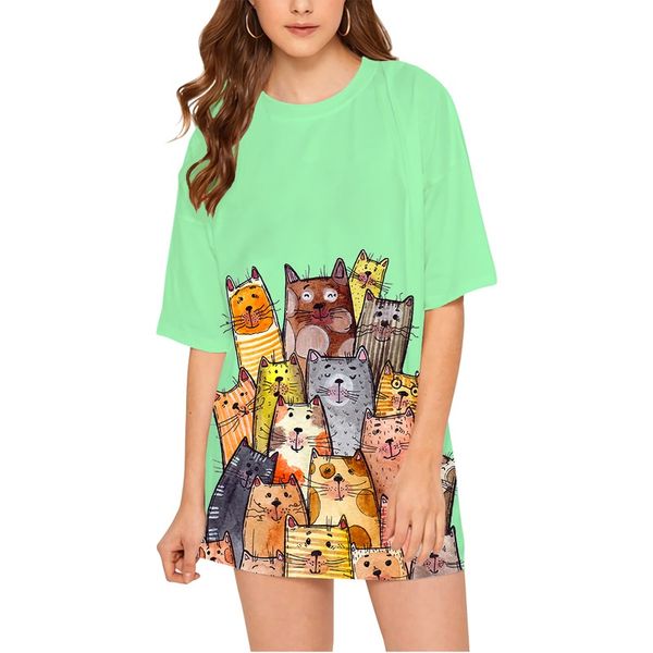 

cloocl green cute cartoon cat 3d fashion women oversize t shirt printed tee casual, White