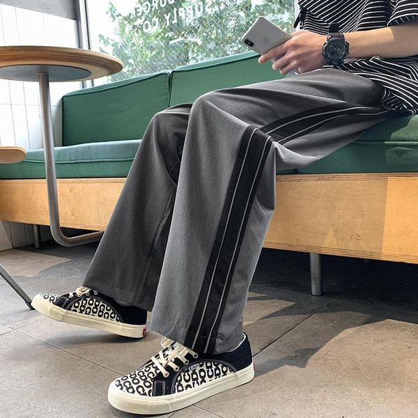 

men's pants sportswear korean fashion loose size straight man versatile side stripe feeling nine point casual sweatpants, Black