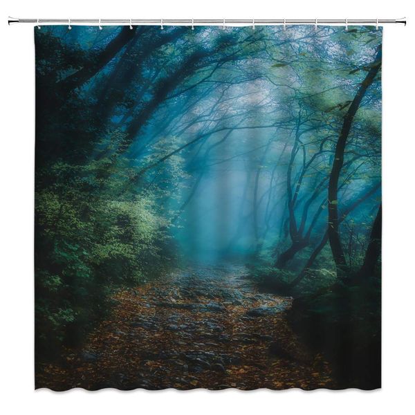 

misty forest shower curtain tree shrub fog wild woodland deciduous rustic natural scenery teal fabric bath curtains bathroom