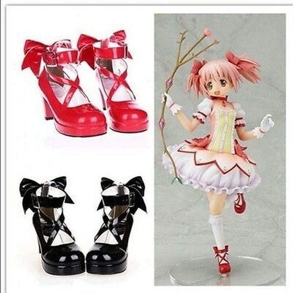 

dress shoes us4-12 sweet womens madoka kaname cosplay high heels lolita bowknot round toe cross straps pumps 12 candy colors plus size, Black