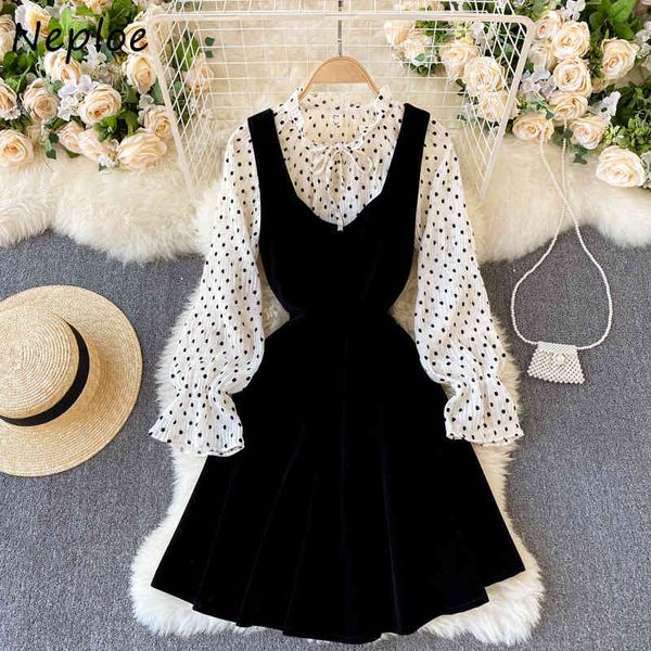 

neploe spring slim 2 piece set women o neck flare sleeve polka dot blouse + high waist h camis dress spring new suit 210422, White